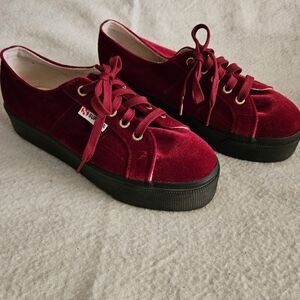 Superga Velvet Red Gold Sneakers with Platform Sole Size 7.5